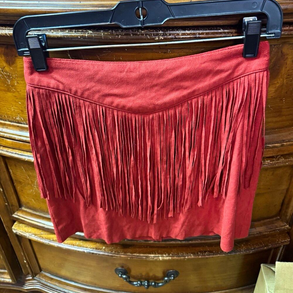 Forever 21 Faux Suede Fringe Western Mini Skirt Rust Red Burgundy Boho Size S